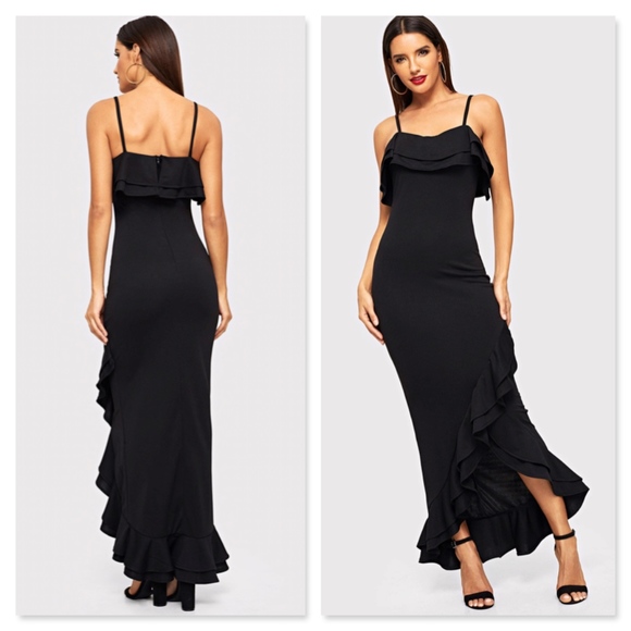 Ruffle Trim Asymmetric Hem Cami Maxi Dress Slit - Picture 3 of 5